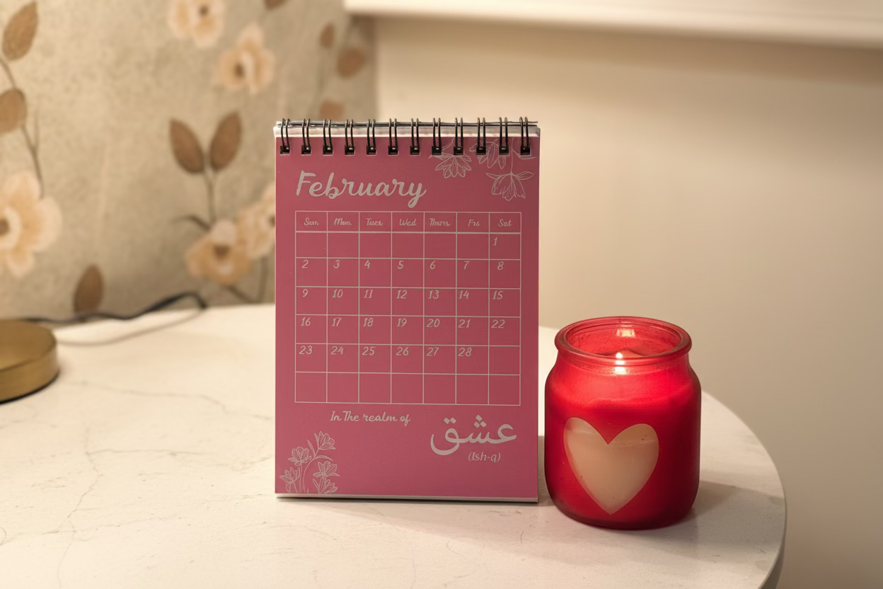 Calendar for February with a red candle on a light surface